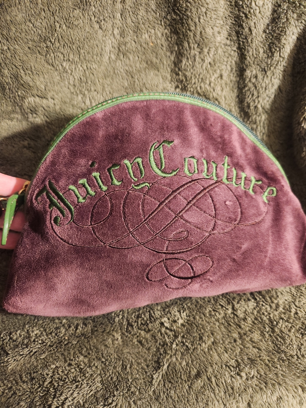 Y2K RARE Vintage Juicy Couture Purple Velour Cosmetic Pouch with Green Accents